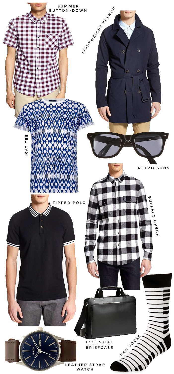 Topman, Topshop for Men, Men, Menswear, Ikat T-Shirt, Jack Spade Briefcase, Piano Key Socks, Tipped Polo Shirt, Checkered Button-Down, Buffalo Check Button Down, Vince Cargo Shorts, Nixon Leather Strap Watch, Retro Sunglasses, Nordstrom, Topman Trench Coat, Double Breasted Trench Coat, Men's Trenchcoat, Gift Guide, Men's Gift Guide, For Your Man, Summer, Darling Desires